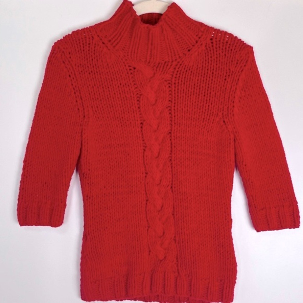 J. Crew Chunky Red Sweater S Cable Knit Cotton Blend Mock Neck Elbow Sleeve